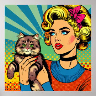 Cartoon Comic Pop Kunst Vrouwen Holding Cat Poster