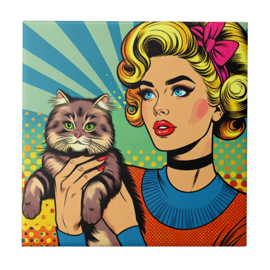 Cartoon Comic Pop Kunst Vrouwen Holding Cat Tegeltje (Voorkant)