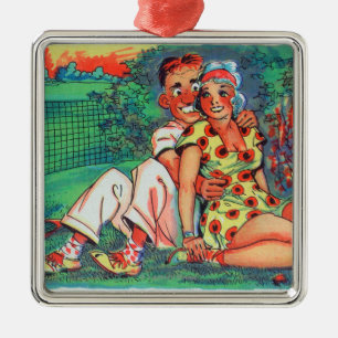 Cartoon Couple met Tennis Gear Metalen Ornament
