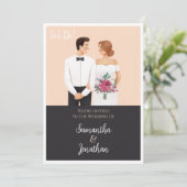 Cartoon Couple Modern Wedding Uitnodiging (Staand voorkant)
