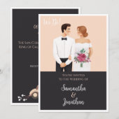 Cartoon Couple Modern Wedding Uitnodiging (Voorkant / Achterkant)