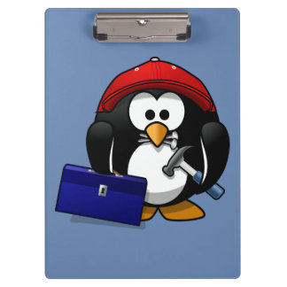 Cartoon Craftsman Penguin met Blue Background Klembord