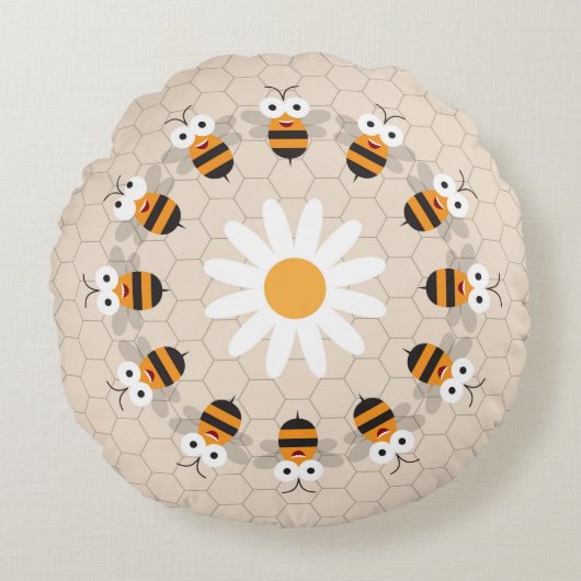 Cartoon Cute Funny Honey Bee Honeycomb Rond Kussen (Voorkant)