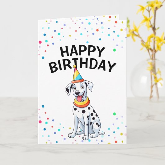 Cartoon Dalmatische Hond met Partij Pet Verjaardag Kaart (Gele Bloem)