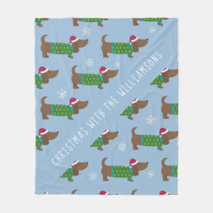Cartoon Daschund kerstscene Fleece Blanket Deken