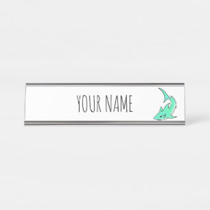 cartoon die haaien glimlacht blauw groen oceaandie bureau naambordje