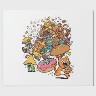 Cartoon dieren met vallende snacks in isolatie op cadeaupapier