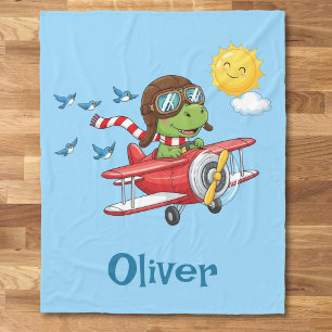 Cartoon Dinosaur Piloot Vliegend Rode Vliegtuig Fleece Deken