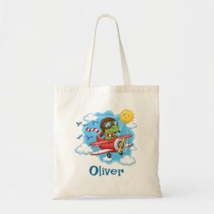 Cartoon Dinosaur Piloot Vliegend Rode Vliegtuig Tote Bag
