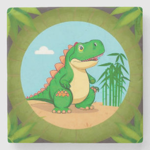 Cartoon dinosaurus in een tropisch landschap stenen onderzetter