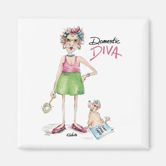Cartoon Diva en Poodle Doing Chores Magneet (Voorkant)