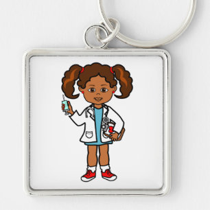 Cartoon Doctor Meisje met grote naald en klembord Sleutelhanger