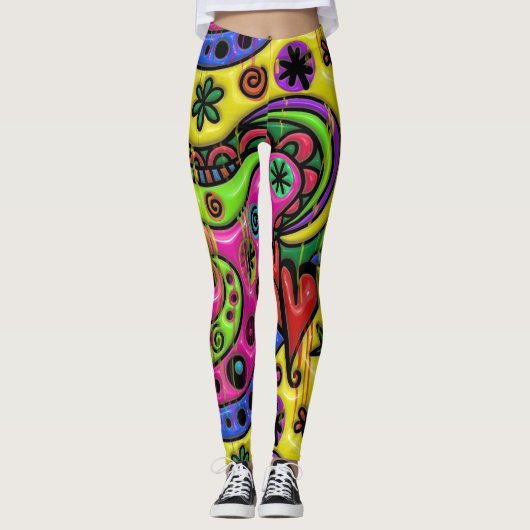 Cartoon doedle druppelverf abstract leggings (Voorkant)