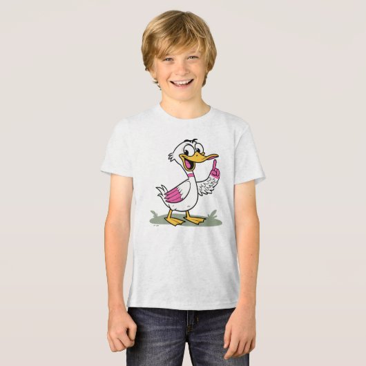 Cartoon Duck with Raised Finger Delivering a Messa Tri-Blend Shirt (Voorkant volledig)
