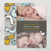 Cartoon Ducks Baby Boys Twins Birth Aankondiging (Voorkant / Achterkant)