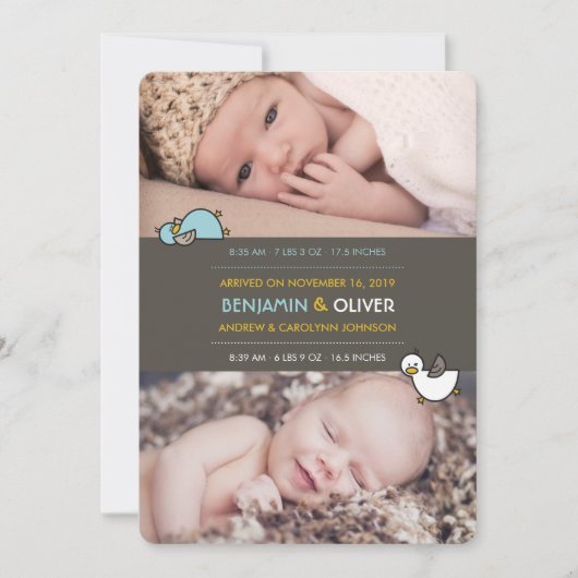 Cartoon Ducks Baby Boys Twins Birth Aankondiging (Voorkant)
