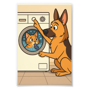Cartoon Duitse Herder en Kat Waskunst Foto Afdruk