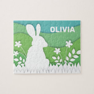 Cartoon-easter bunny, bloemen en vlinder legpuzzel