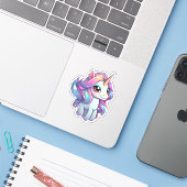 Cartoon eenhoorn illustratie sticker (Laptop met iPhone)