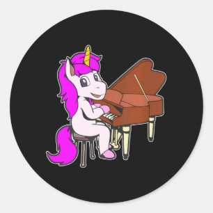 Cartoon eenhoorn pianospelen ronde sticker