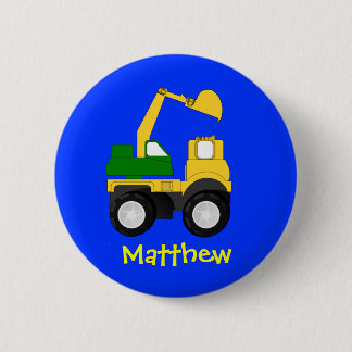 Cartoon Excavator - Persoonlijke naam Cadeautje Ronde Button 5,7 Cm