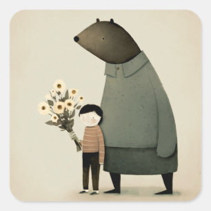 Cartoon fee beer en jongen. Floral Birthday Vierkante Sticker