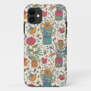 Cartoon floreel patroon met vogels 2 iPhone 11 hoesje