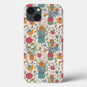 Cartoon floreel patroon met vogels 2 iPhone 13 hoesje