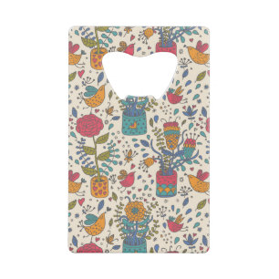 Cartoon floreel patroon met vogels 2 kredietkaart flessenopener