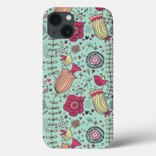Cartoon floreel patroon met vogels iPhone 13 hoesje
