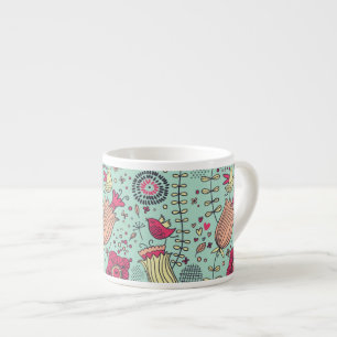 Cartoon floreel patroon met vogels espresso kop