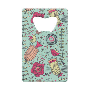 Cartoon floreel patroon met vogels kredietkaart flessenopener