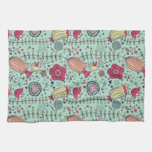Cartoon floreel patroon met vogels theedoek (Horizontaal)