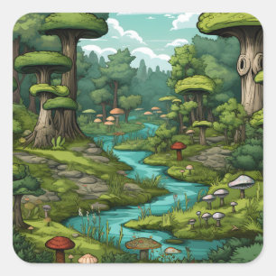 Cartoon Forest Dreamscape Vierkante Sticker