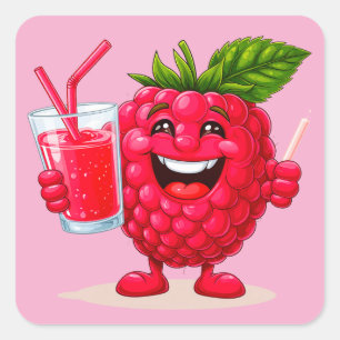 Cartoon Framboos Karakter Met een Smoothie Vierkante Sticker