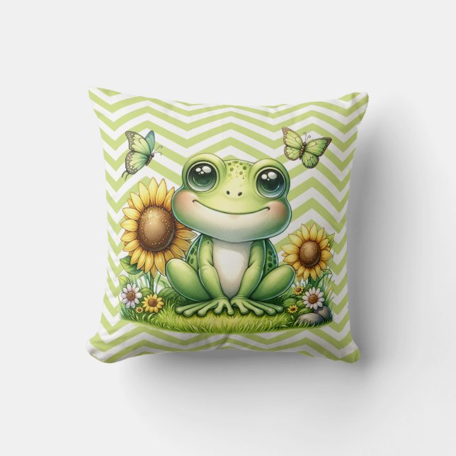 Cartoon Frog Green Chevron Kussen (Voorkant)