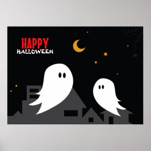Cartoon geest in de straten van de stad halloween  poster