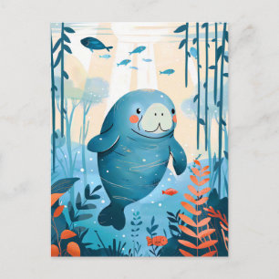 Cartoon Gentle Manatee in de oceaan Briefkaart