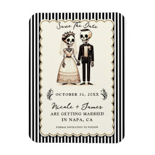 Cartoon geraamte bruid + bruidegom save the date magneet
