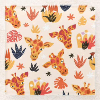 Cartoon Giraffe: bloemensavannepatroon Glazen Onderzetter