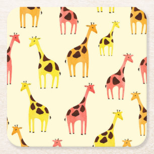 Cartoon Giraffe: Kleurrijk Patroon. Vierkante Kartonnen Onderzetter