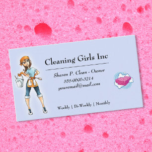 Cartoon Girl House Cleaning Service Visitekaartje