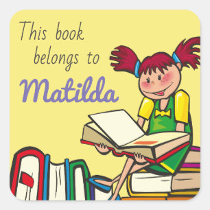 Cartoon Girl Reading Book Belong's to Personalized Vierkante Sticker