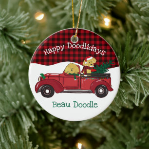 Cartoon Goldendoles Red Kerstmis Truck Keramisch Ornament