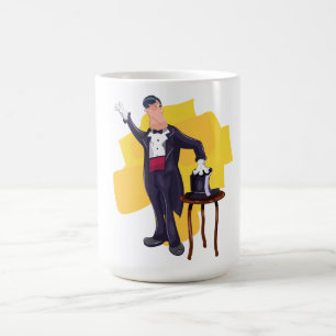 Cartoon goochelaar die een goocheltruc uitvoert op koffiemok