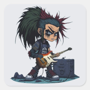 Cartoon Grunge Punk Rock And Roll Gitaar Amp Koel Vierkante Sticker