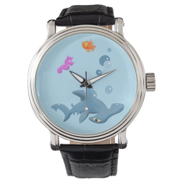 Cartoon haai, vis en zeepaardje horloge (Voorkant)