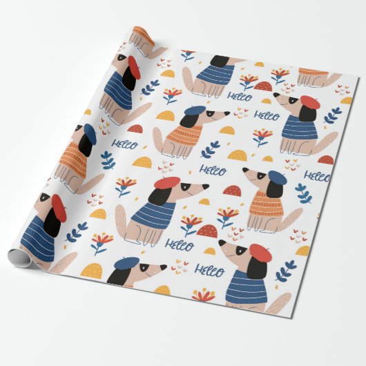 Cartoon Hallo hond naadloos verpakt papier (Uitgerold)