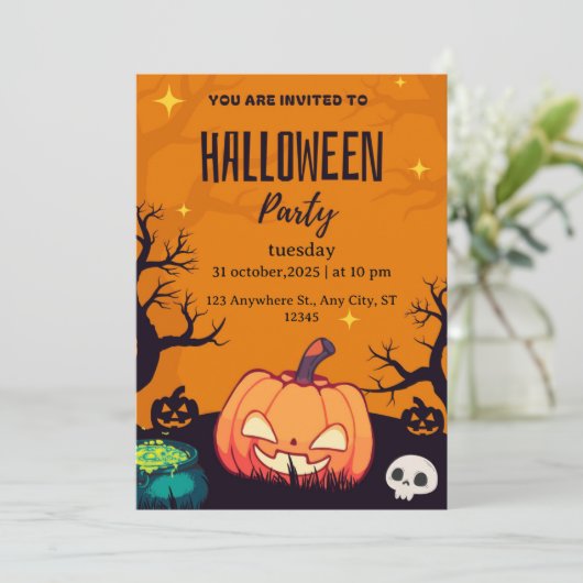 Cartoon Halloween Verjaardag Uitnodiging Pompoen s (Staand voorkant)