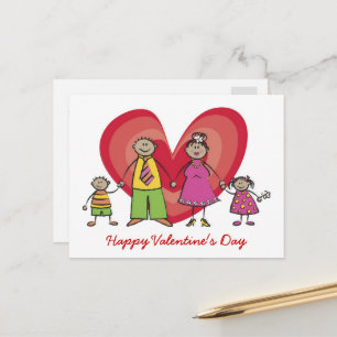 Cartoon Happy Family Big Red Heart Valentijnsdag Feestdagenkaart